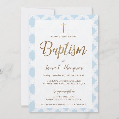 Elegant Blue Pattern Gold Cross Baptism Invitation