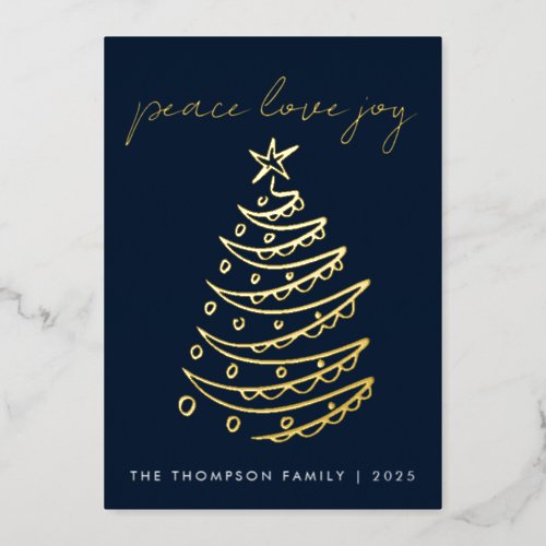 Elegant Blue Peace Love Joy Gold Foil Holiday Card