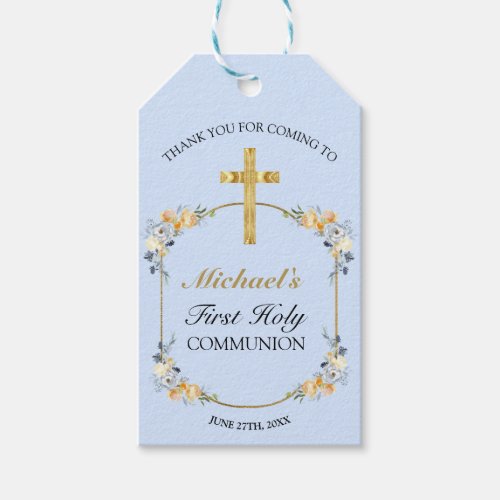 Elegant Blue Peach Floral 1st Holy Communion  Gift Tags