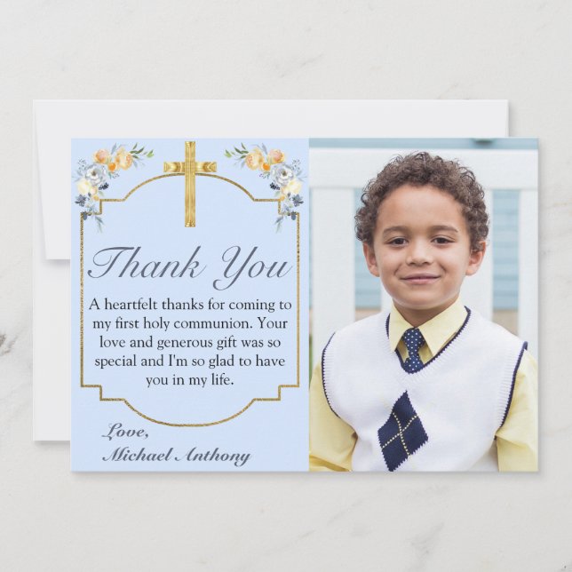 Elegant Blue Peach Floral 1st Holy Communion Thank You Card (Front)