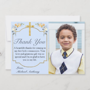 Elegant Blue Peach Floral 1st Holy Communion Thank You Card