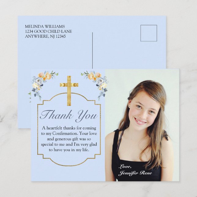 Elegant Blue Peach Floral Confirmation Thank You C Postcard (Front/Back)