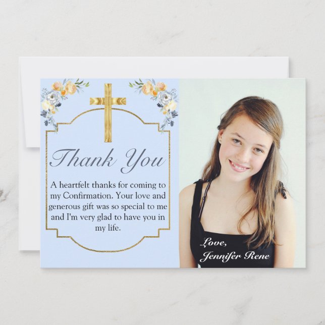 Elegant Blue Peach Floral Confirmation Thank You Card (Front)