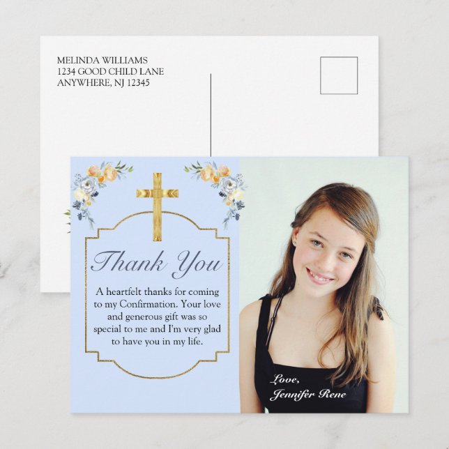 Elegant Blue Peach Floral Confirmation Thank You  Postcard (Front/Back)