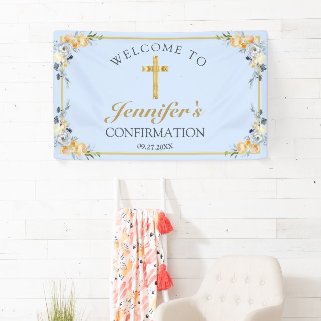 Elegant Blue Peach Floral Confirmation Welcome Banner (Insitu)