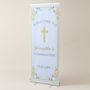 Elegant Blue Peach Floral Confirmation Welcome Retractable Banner