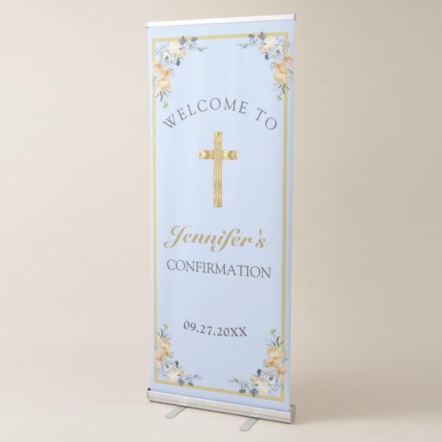 Elegant Blue Peach Floral Confirmation Welcome Retractable Banner (3/4)