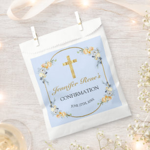 Elegant Blue & Peach Floral Gold Confirmation  Favor Bag
