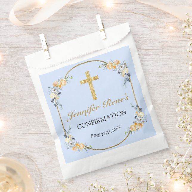Elegant Blue & Peach Floral Gold Confirmation  Favor Bag (Clipped)