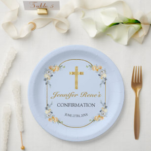 Elegant Blue & Peach Floral Gold Confirmation Paper Plates