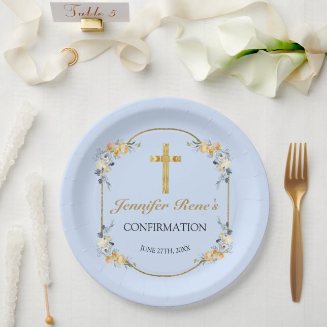 Elegant Blue & Peach Floral Gold Confirmation  Paper Plates (Wedding)