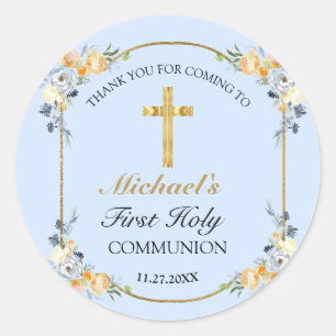 Elegant Blue Peach Floral Holy Communion Thank You Classic Round Sticker