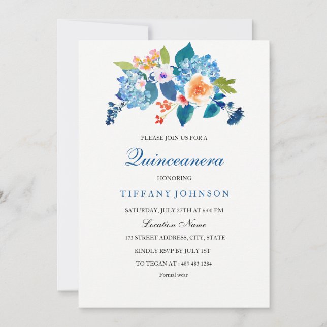 Elegant Blue & Peach Floral Quinceanera Invitation (Front)