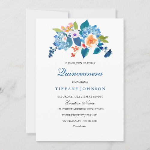 Elegant Blue  Peach Floral Quinceanera Invitation