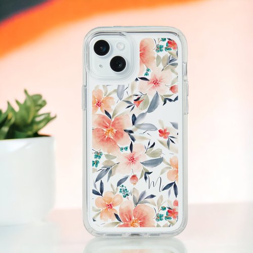 Elegant blue peach floral watercolor monogram iPhone 15 plus case