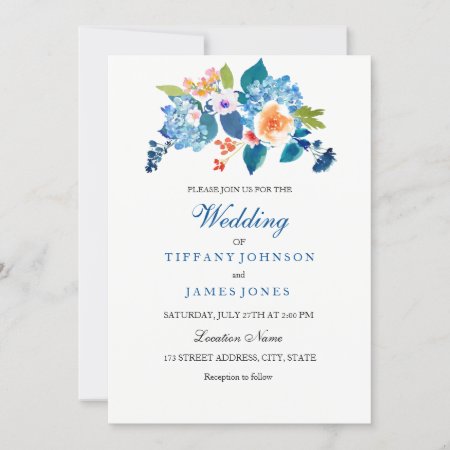 Elegant Blue & Peach Floral Wedding Invitation