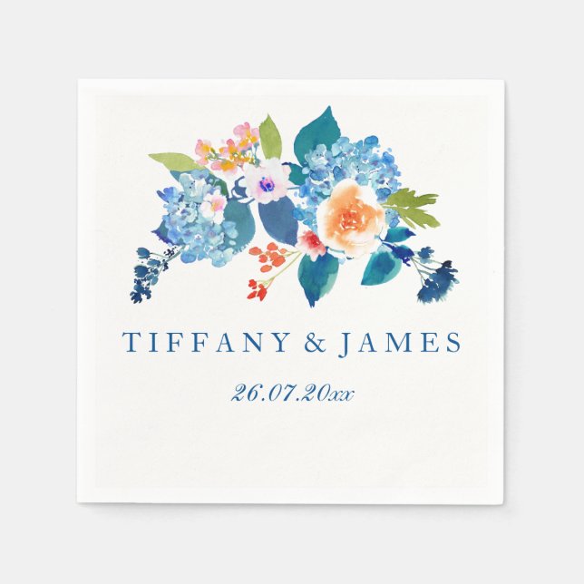 Elegant Blue & Peach Floral Wedding Napkin (Front)