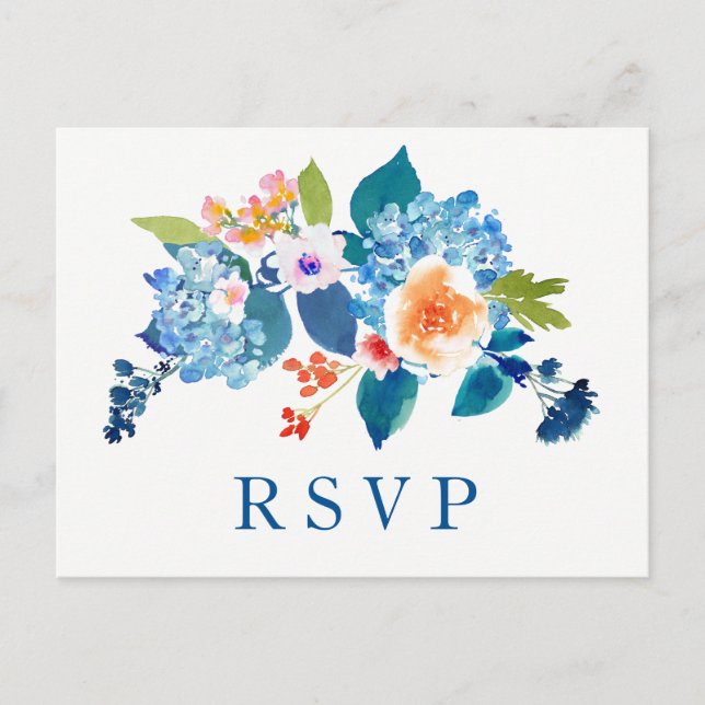 Elegant Blue Peach Floral Wedding RSVP Invitation (Front)