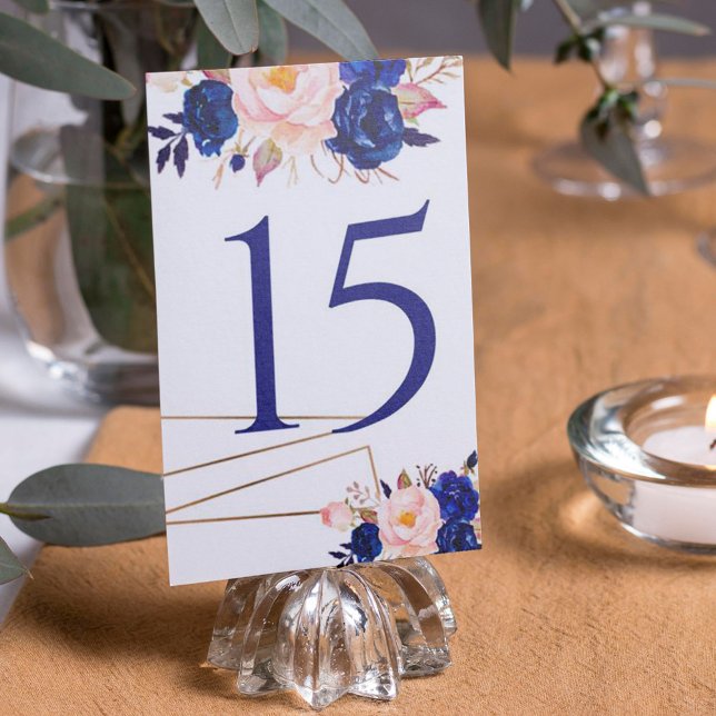 Elegant Blue Peach Floral Wedding Table Number (Creator Uploaded)