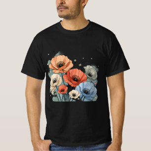 Elegant Blue & Peach Flower Design T-Shirt