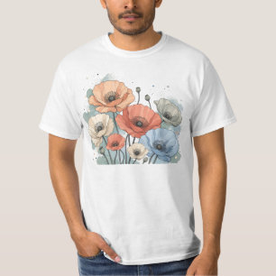 Elegant Blue & Peach Flower Design T-Shirt