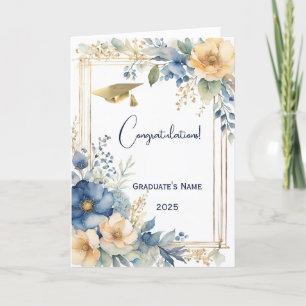 Elegant Blue Peach Flowers Personalized Graduation Card