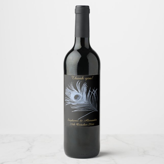 ELEGANT BLUE PEACOCK BLACK CUSTOMIZABLE WINE LABEL (Front)