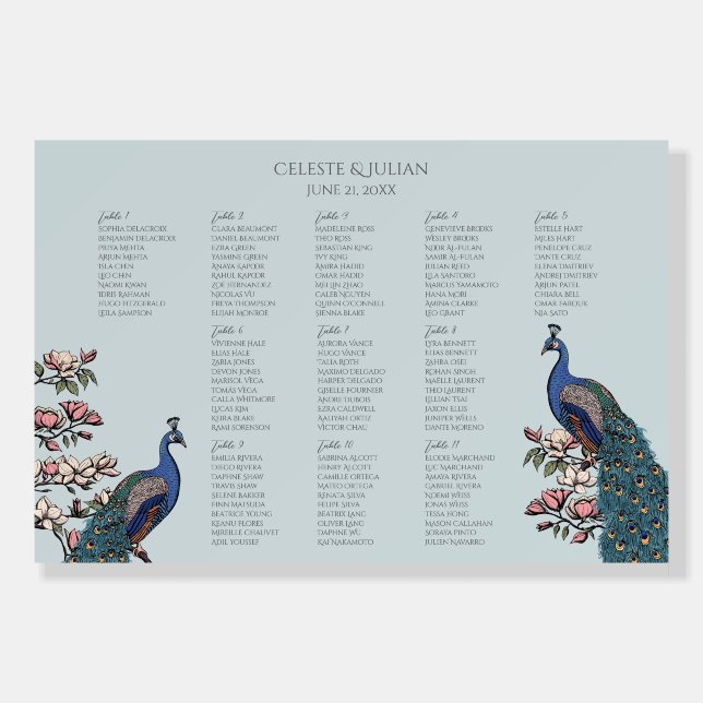 Elegant Blue Peacock Botanical Seating Chart Foam Board (Front)