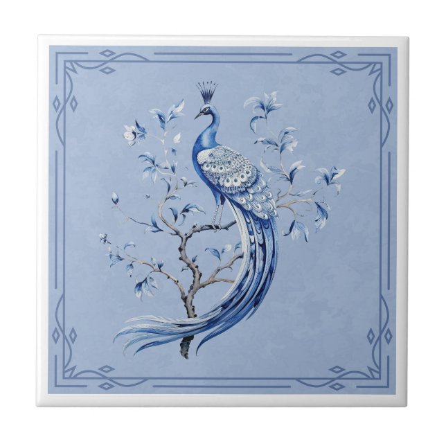 Elegant Blue Peacock Ceramic Tile (Front)