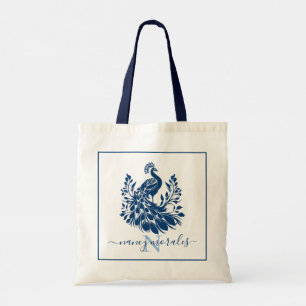 Elegant blue peacock custom modern calligraphy tote bag
