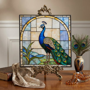 Elegant Blue Peacock Faux Stained Glass Mosaic Art Ceramic Tile