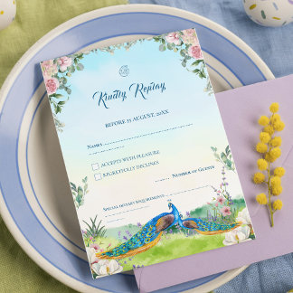 Elegant Blue Peacock Floral Wedding Theme RSVP Card