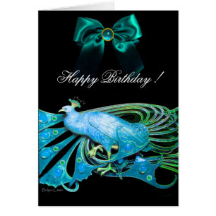 ELEGANT BLUE PEACOCK,GEM STONES AND BOW Birthday Cards