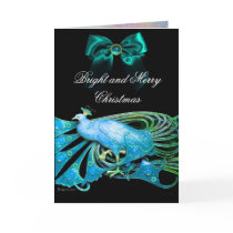 ELEGANT BLUE PEACOCK,GEM STONES AND CHRISTMAS BOW HOLIDAY CARD