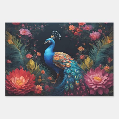 Elegant Blue Peacock in Colorful Floral Garden Wrapping Paper Sheets