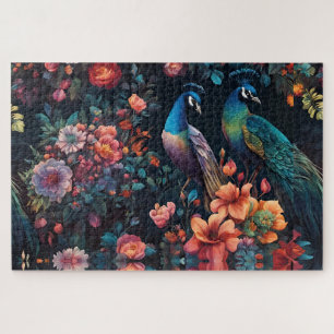 Elegant Blue Peacock in Colorful Flower Garden Jigsaw Puzzle