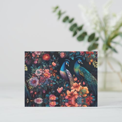 Elegant Blue Peacock in Colorful Flower Garden Postcard