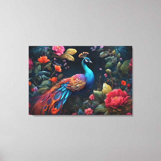 Elegant Blue Peacock in Colorful Garden Canvas Print (Front)