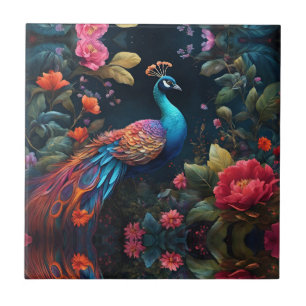 Elegant Blue Peacock in Colorful Garden Ceramic Tile