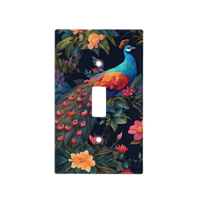 Elegant Blue Peacock in Colorful Garden Light Switch Cover (Front)
