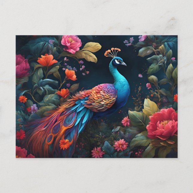 Elegant Blue Peacock in Colorful Garden Postcard (Front)