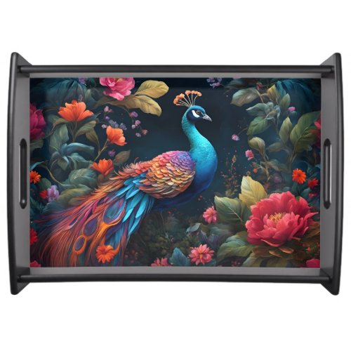 Elegant Blue Peacock in Colorful Garden Serving Tray