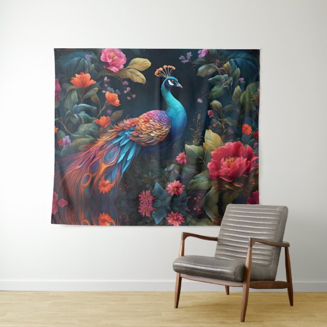 Elegant Blue Peacock in Colorful Garden Tapestry (In Situ (Horizontal))