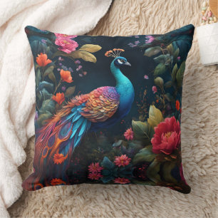 Elegant Blue Peacock in Colorful Garden Throw Pillow