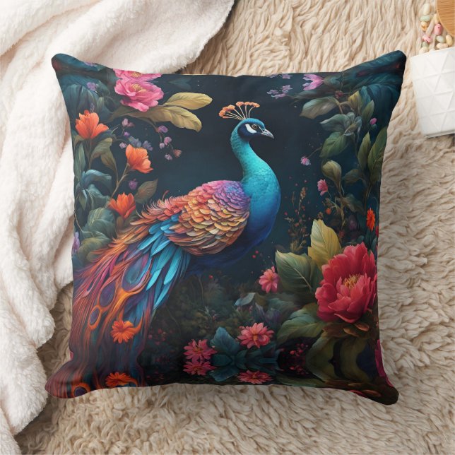 Elegant Blue Peacock in Colorful Garden Throw Pillow (Blanket)