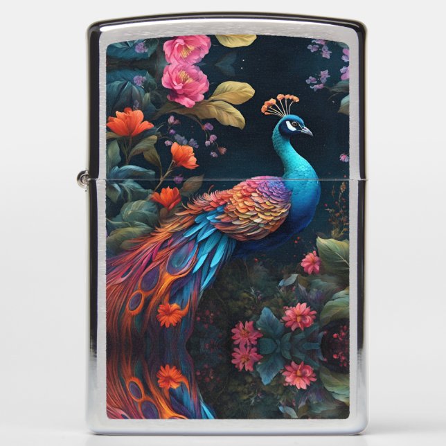 Elegant Blue Peacock in Colorful Garden Zippo Lighter (Front)