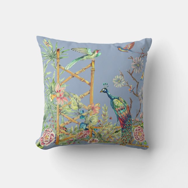 Elegant Blue Peacock in Oriental Flower Garden Throw Pillow (Front)