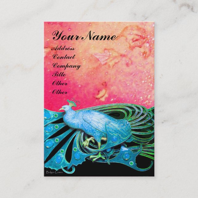 ELEGANT BLUE PEACOCK IN PINK FLORAL SPARKLES BUSINESS CARD (Front)