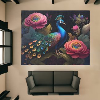 Elegant Blue Peacock in Ranunculus Garden