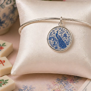 Elegant Blue Peacock Mahjong Porcelain Style Bangle Bracelet